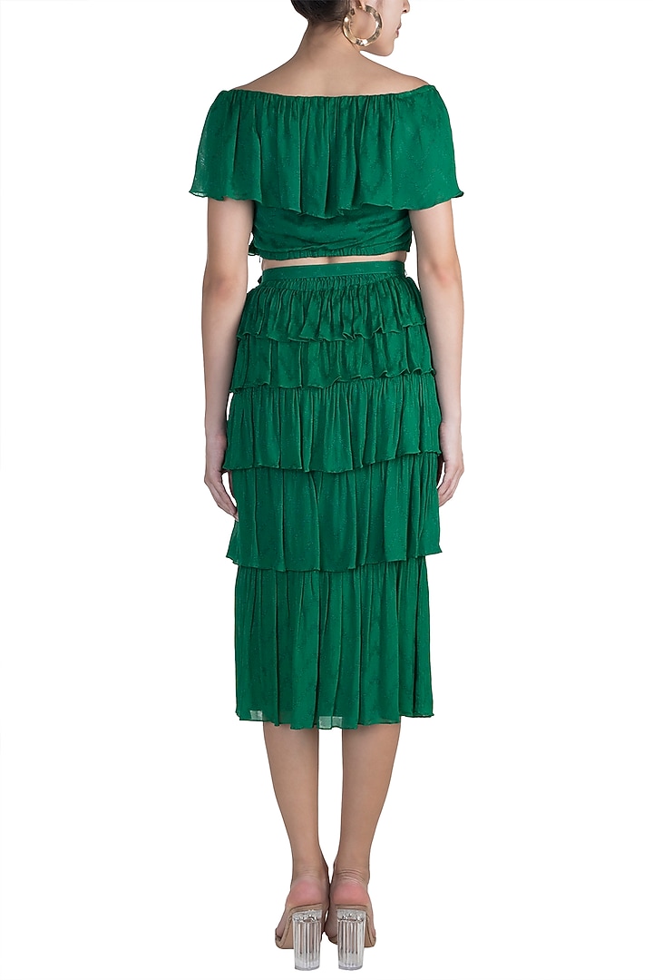 Jungle Green Frill Crop Top With Tiered Skirt by Ohaila Khan at Pernia's Pop Up Shop