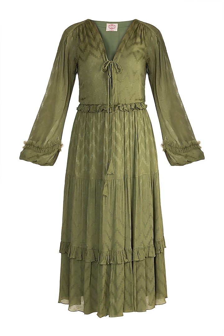 Olive Green Bohemian Midi Dress by Ohaila Khan