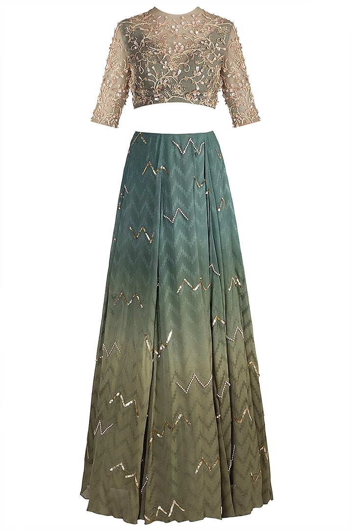 Moss Green Chevron Wedding Lehenga Set by Ohaila Khan at Pernia's Pop Up Shop