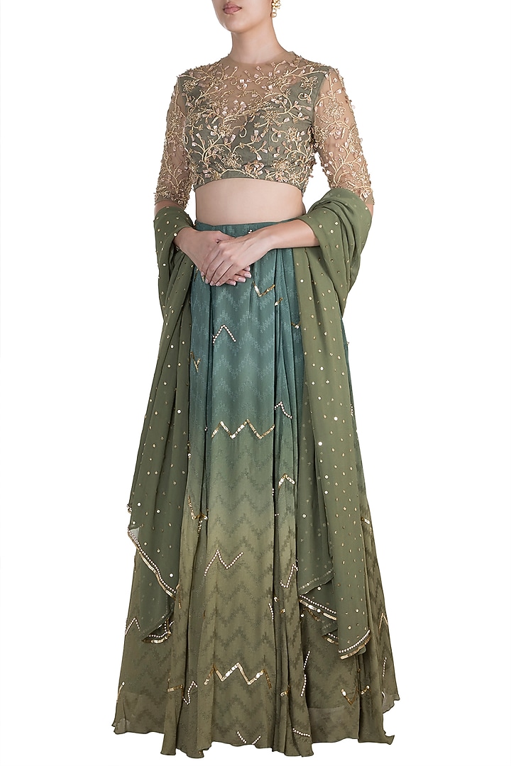 Moss Green Chevron Wedding Lehenga Set by Ohaila Khan at Pernia's Pop Up Shop