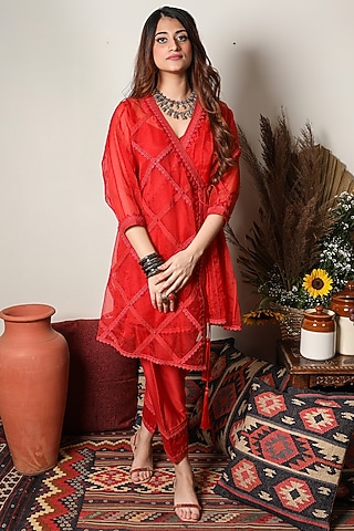 Red Angrakha Kurta Set by Ohaila Khan