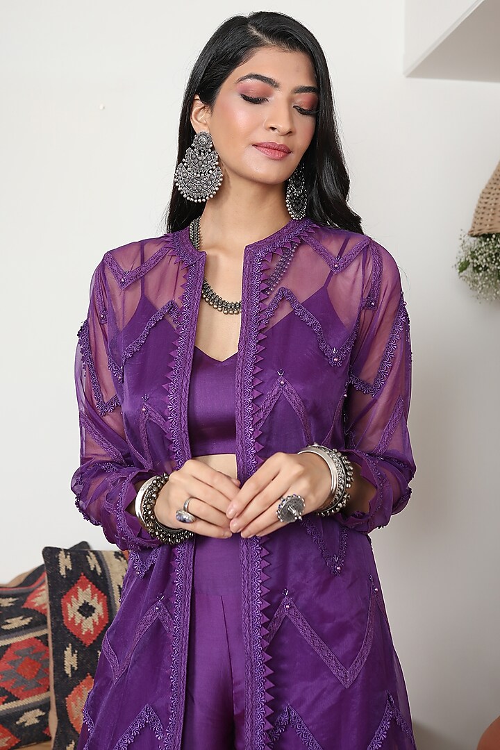Purple Chanderi Jacket Set by Ohaila Khan at Pernia's Pop Up Shop