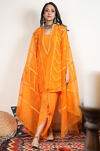 Tangerine Crepe Cape Set by Ohaila Khan