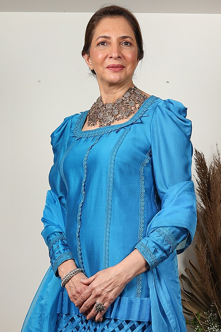 Azure Blue Chanderi Party Wear Sharara Set by Ohaila Khan at Pernia's Pop Up Shop
