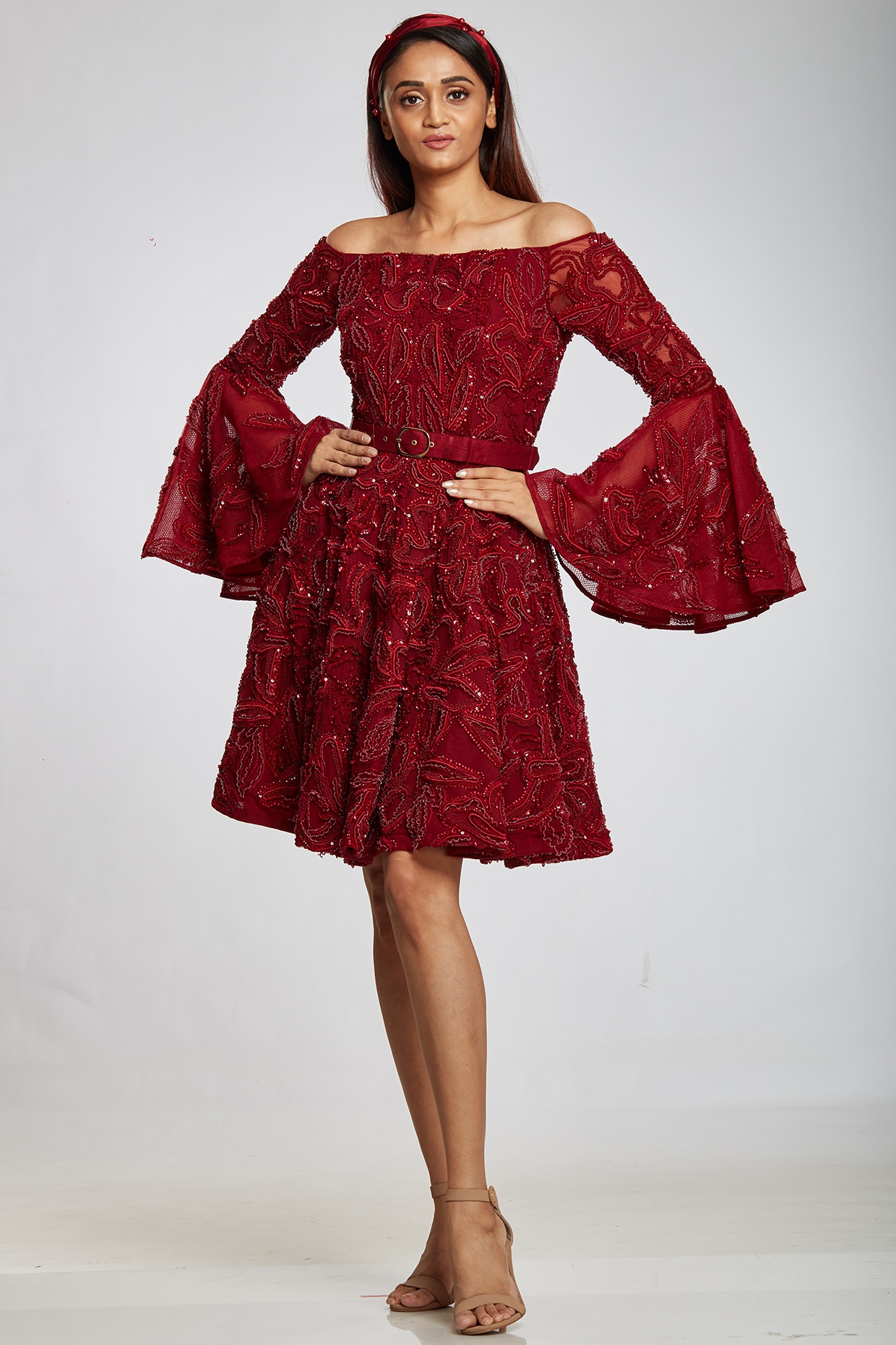 Oxblood Red Mini Peplum Dress Design by Ohaila Khan at Pernia's Pop Up Shop  2024