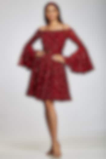 Oxblood Red Mini Peplum Dress by Ohaila Khan