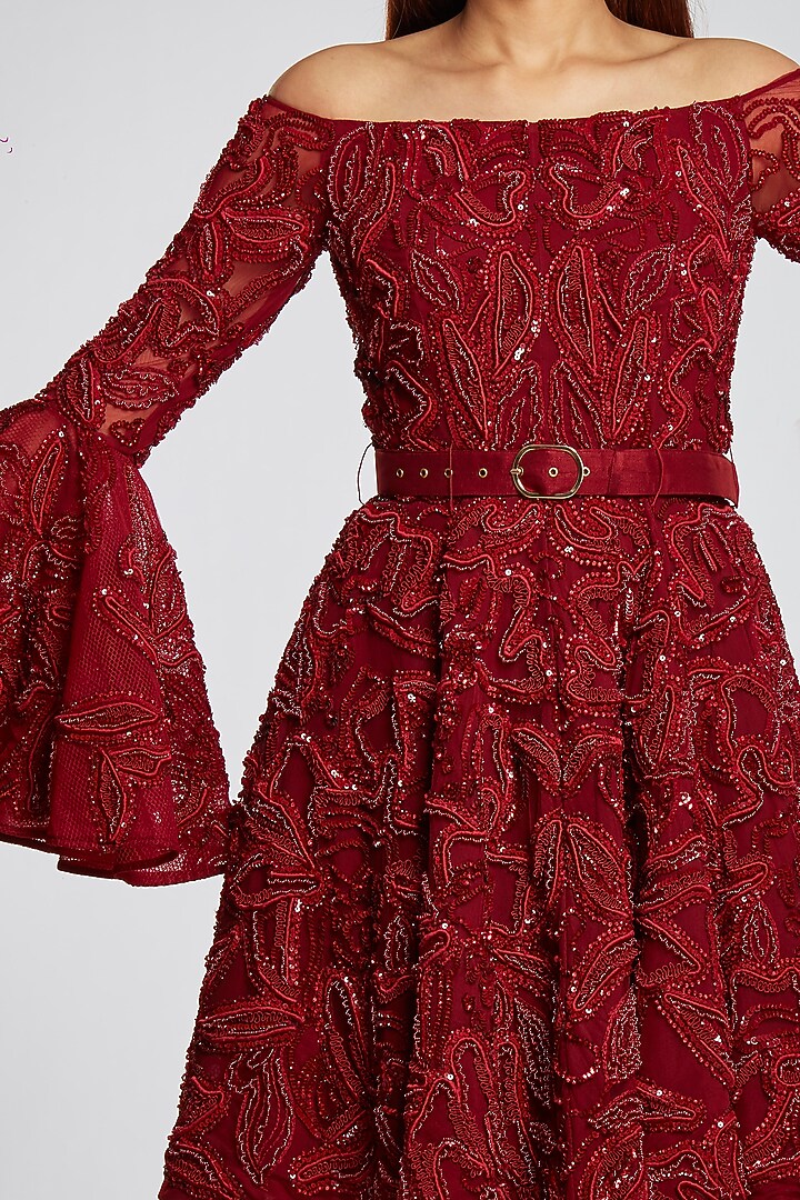 Oxblood Red Mini Peplum Party Wear Dress by Ohaila Khan at Pernia's Pop Up Shop