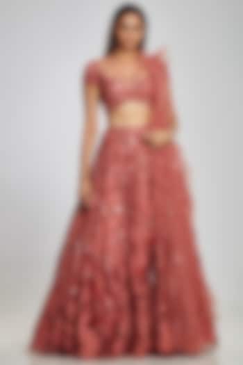 Rose Pink Art Raw Silk Lehenga Set by Ohaila Khan