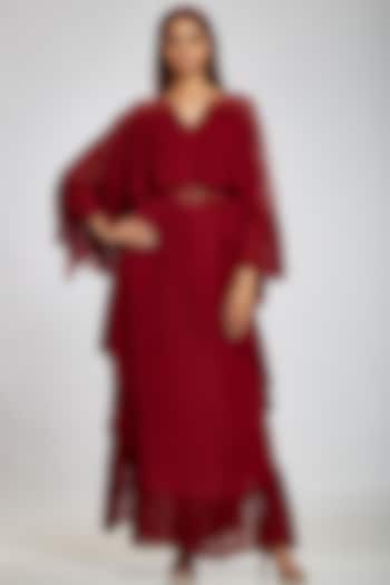 Oxblood Red Georgette Kaftan by Ohaila Khan at Pernia's Pop Up Shop
