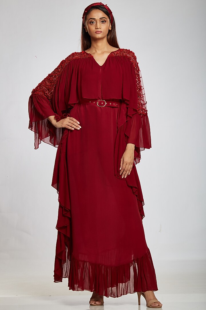 Oxblood Red Georgette Kaftan by Ohaila Khan at Pernia's Pop Up Shop