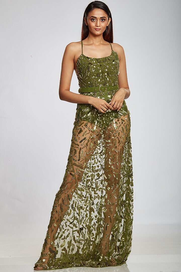 Lizard Green Art Tulle & Malai Lycra Gown by Ohaila Khan at Pernia's Pop Up Shop