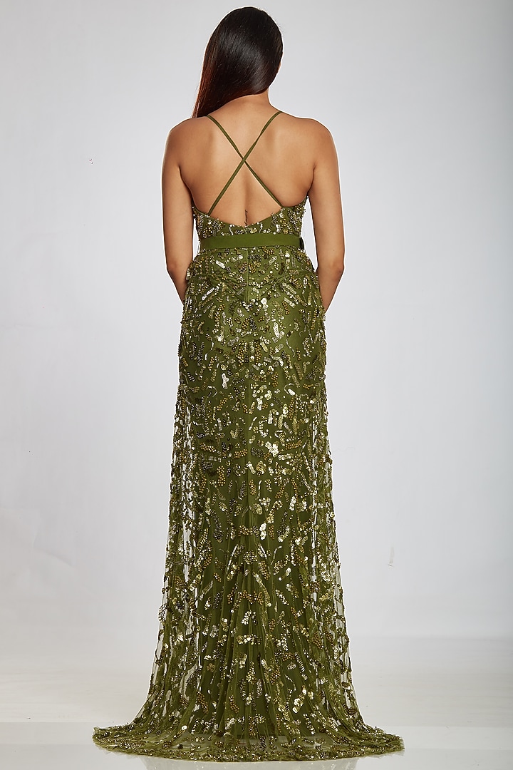 Lizard Green Art Tulle & Malai Lycra Gown by Ohaila Khan at Pernia's Pop Up Shop