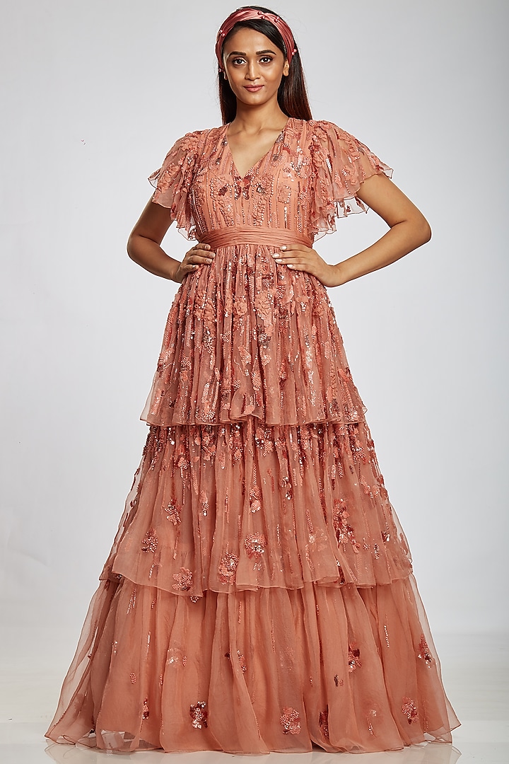 Blush Pink Tiered Gown by Ohaila Khan