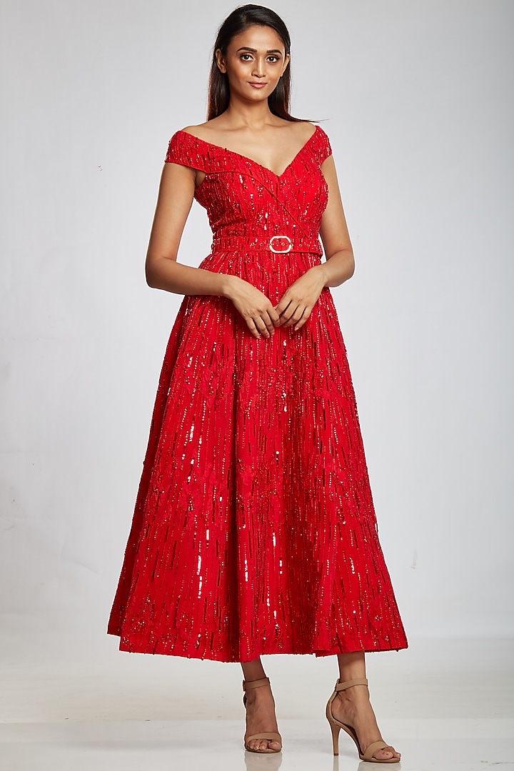 Red Off Shoulder Gown by Ohaila Khan