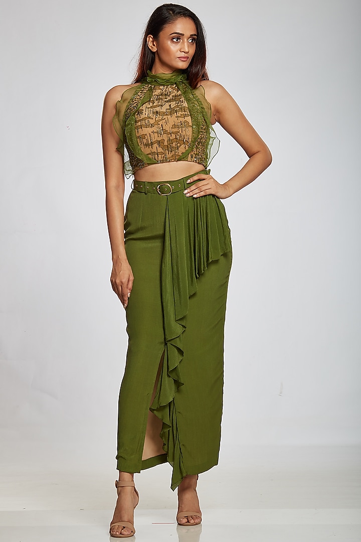 Lizard Green Crepe Skirt by Ohaila Khan