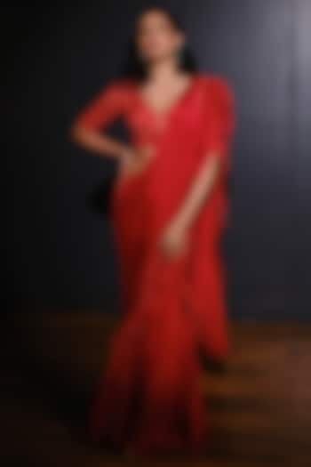 Red Chiffon & Tulle Hand Embellished Pre-Draped Saree Set by Ohaila Khan at Pernia's Pop Up Shop