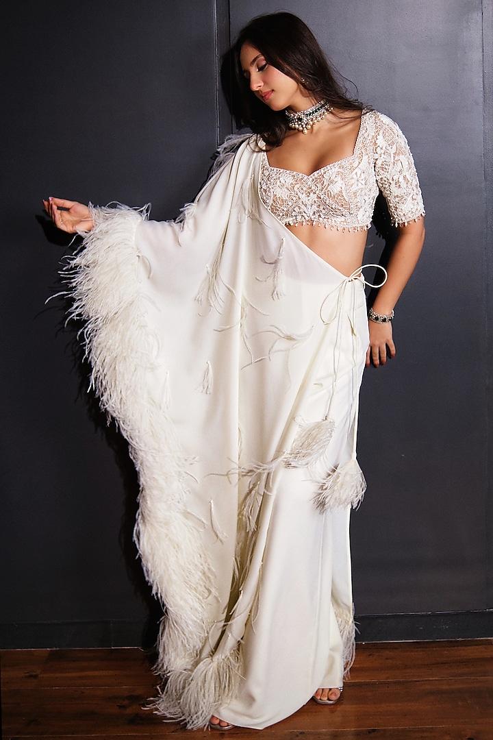 Ivory Georgette Hand Embroidered Saree Set by Ohaila Khan at Pernia's Pop Up Shop