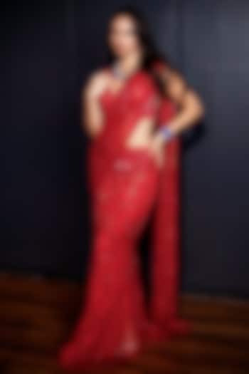 Red Tulle Embellished Pre-Draped Saree Set by Ohaila Khan