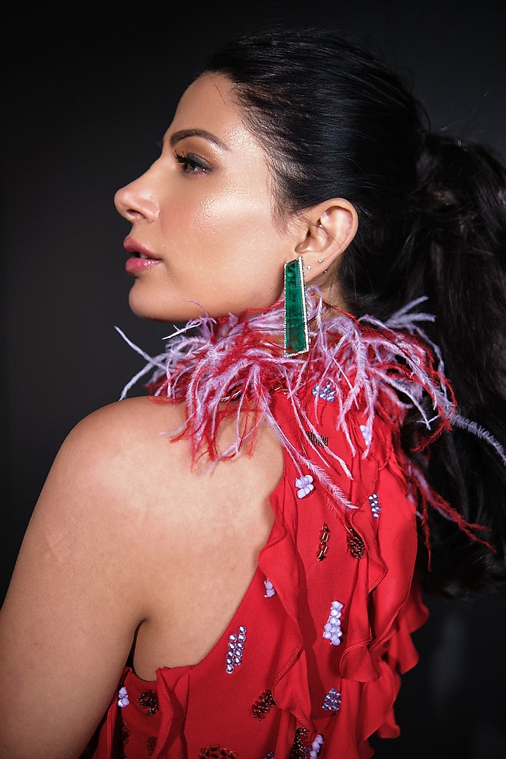 Red Georgette Embellished Ruffled Feather Wedding Gown by Ohaila Khan at Pernia's Pop Up Shop