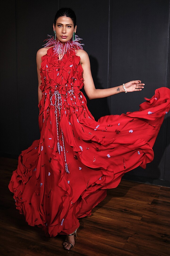 Red Georgette Embellished Ruffled Feather Wedding Gown by Ohaila Khan at Pernia's Pop Up Shop