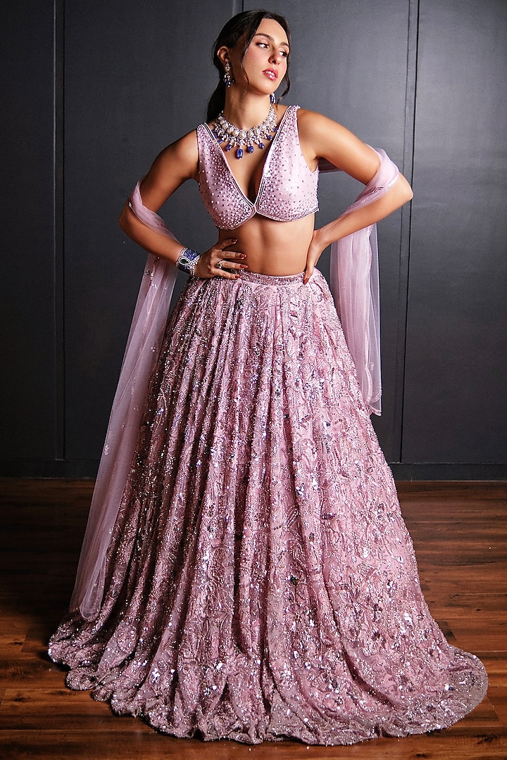 Lilac Pink Tulle Embroidered Bridal Lehenga Set by Ohaila Khan at Pernia's Pop Up Shop