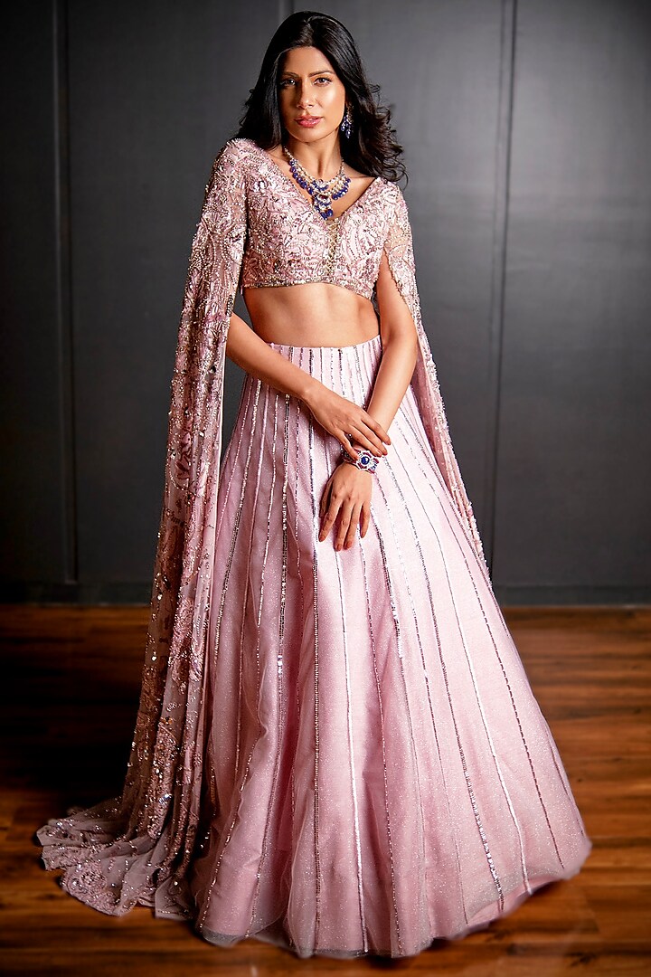 Lilac Pink Tulle Embroidered Bridal Lehenga Set by Ohaila Khan at Pernia's Pop Up Shop