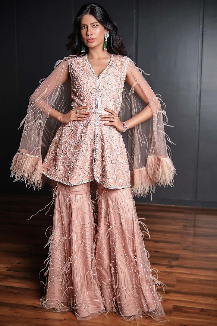 Nude Pink Tulle Hand Embellished Sharara Set by Ohaila Khan at Pernia's Pop Up Shop