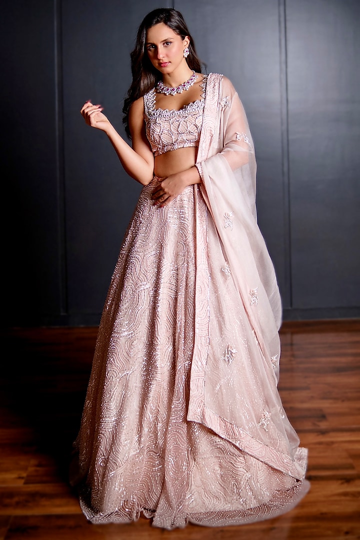 Pink Tulle & Organza Embroidered Bridal Lehenga Set by Ohaila Khan at Pernia's Pop Up Shop