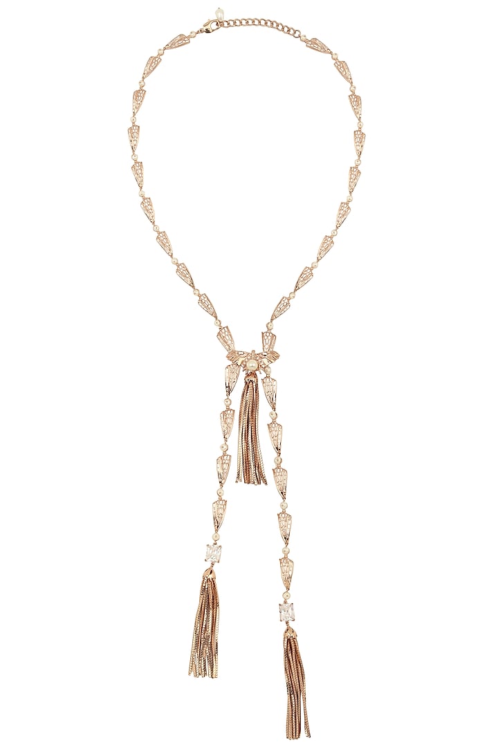 Rose gold plated crystal zircon tassel pendant necklace available only at Pernia's Pop Up Shop.