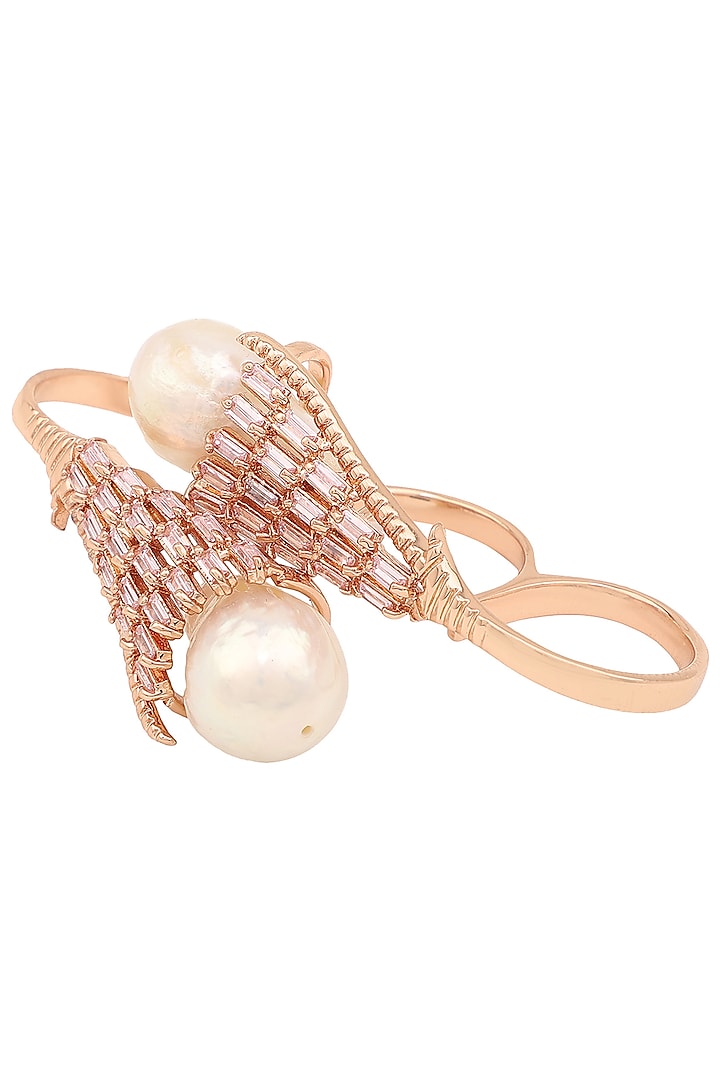 Rose Gold Plated Pearl and Crystal Baguette Ring by Outhouse