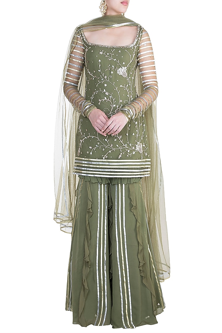 Olive Green Embroidered Ruffed Wedding Sharara Set by Ohaila Khan at Pernia's Pop Up Shop
