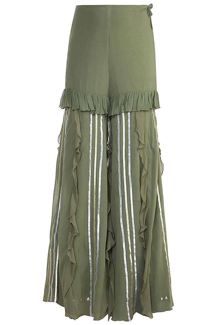 Olive Green Embroidered Ruffed Wedding Sharara Set by Ohaila Khan at Pernia's Pop Up Shop