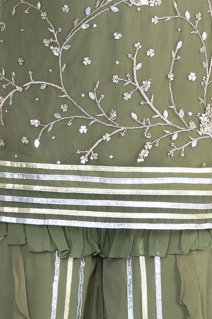 Olive Green Embroidered Ruffed Wedding Sharara Set by Ohaila Khan at Pernia's Pop Up Shop