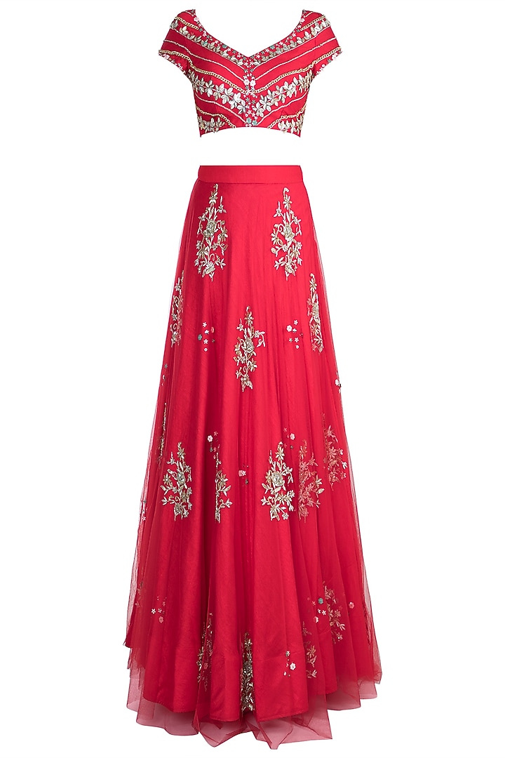 Red Butta Embroidered Wedding Lehenga Set by Ohaila Khan at Pernia's Pop Up Shop