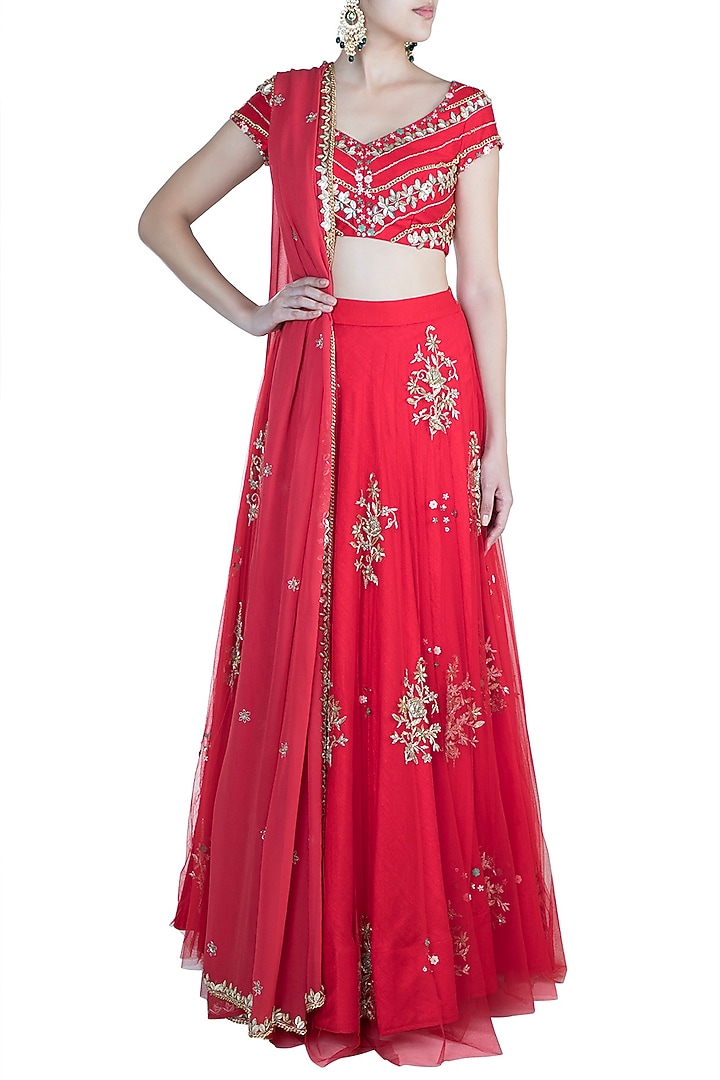 Red Butta Embroidered Wedding Lehenga Set by Ohaila Khan at Pernia's Pop Up Shop