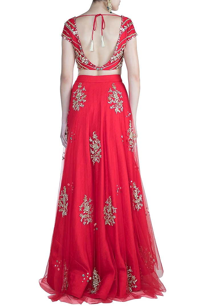 Red Butta Embroidered Wedding Lehenga Set by Ohaila Khan at Pernia's Pop Up Shop
