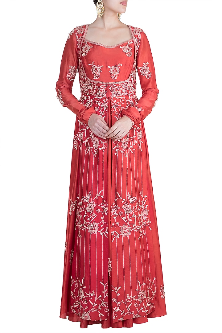 Red Embroidered Wedding Anarkali Kurta With Peshwa Jacket by Ohaila Khan at Pernia's Pop Up Shop