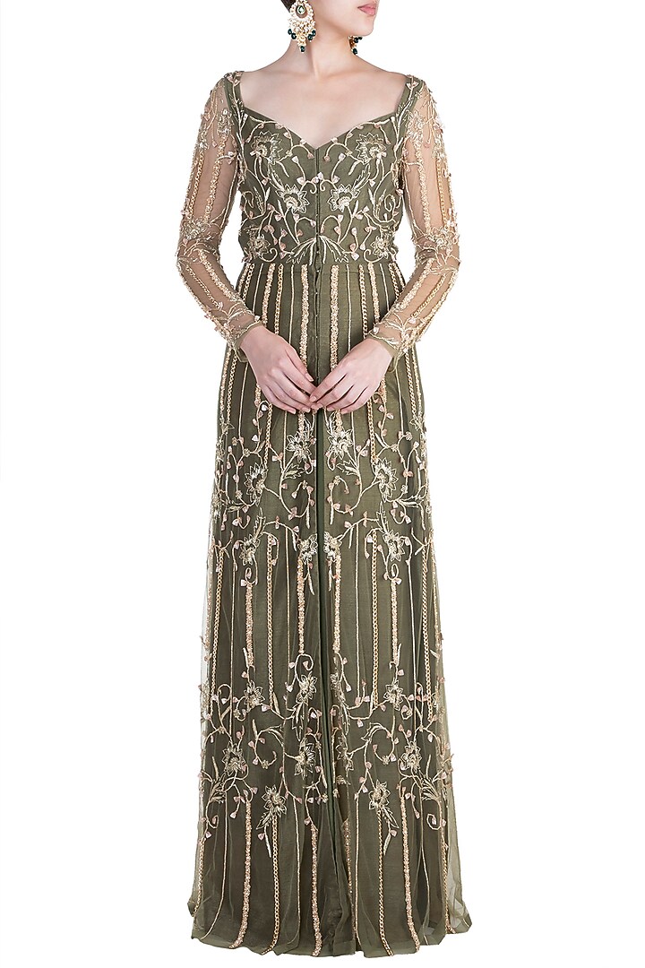 Olive Green Embroidered Jacket Kurta With Pants by Ohaila Khan at Pernia's Pop Up Shop