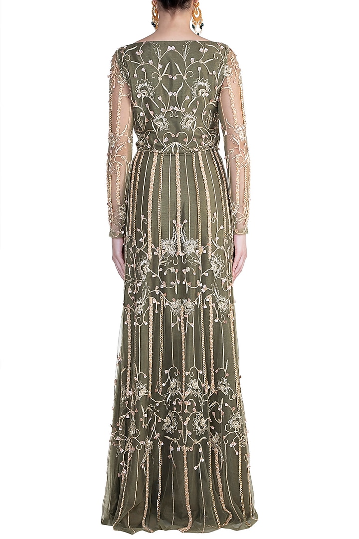 Olive Green Embroidered Jacket Kurta With Pants by Ohaila Khan at Pernia's Pop Up Shop