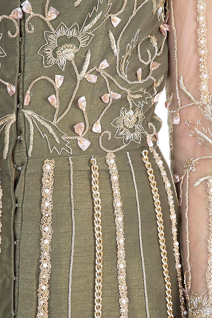 Olive Green Embroidered Jacket Kurta With Pants by Ohaila Khan at Pernia's Pop Up Shop