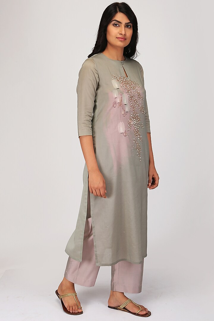 Grey & Purple Embroidered Kurta Set by OJA at Pernia's Pop Up Shop