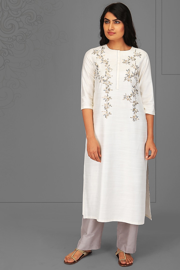 White & Grey Embroidered Kurta Set by OJA at Pernia's Pop Up Shop