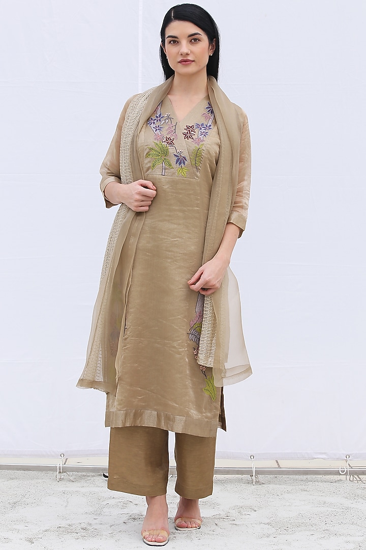 Pale Brown Handloom Tissue Silk Kurta Set by OJA at Pernia's Pop Up Shop