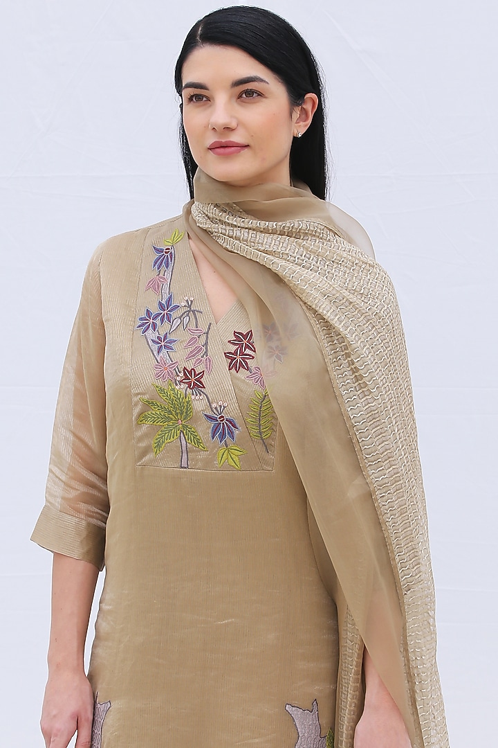 Pale Brown Handloom Tissue Silk Kurta Set by OJA at Pernia's Pop Up Shop