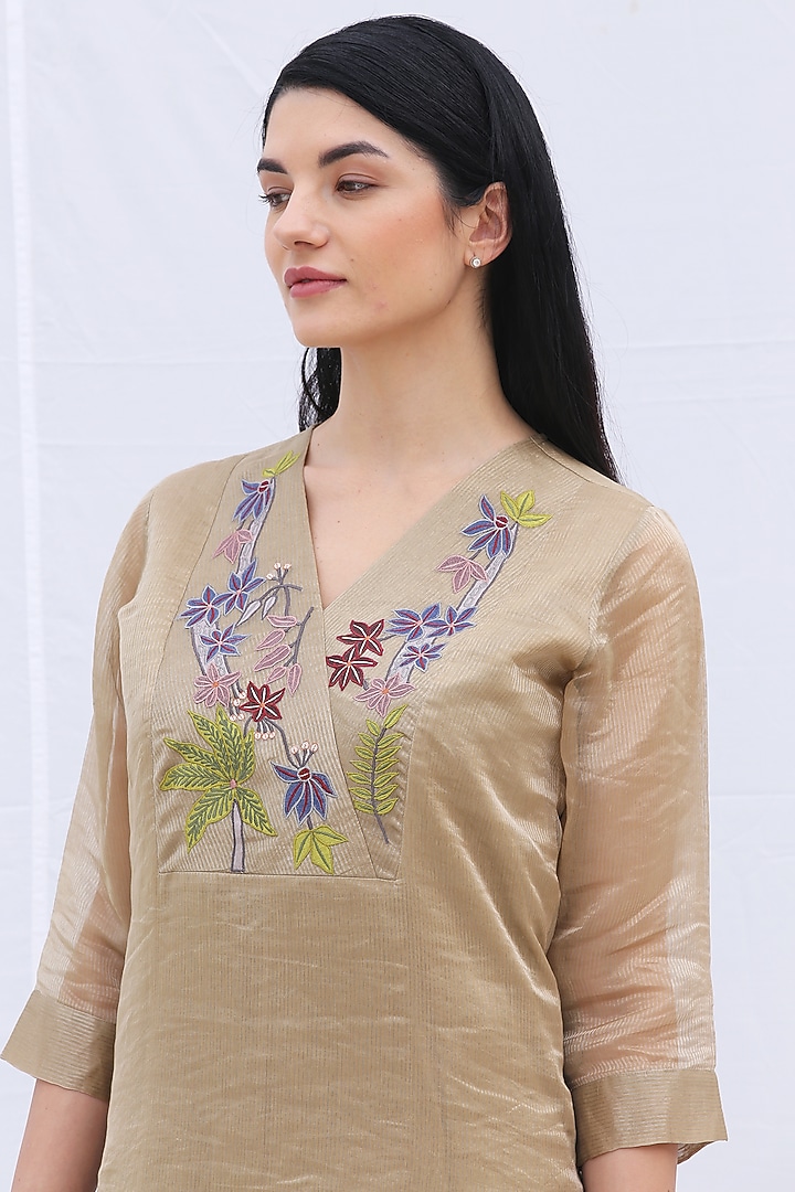 Pale Brown Handloom Tissue Silk Kurta Set by OJA at Pernia's Pop Up Shop