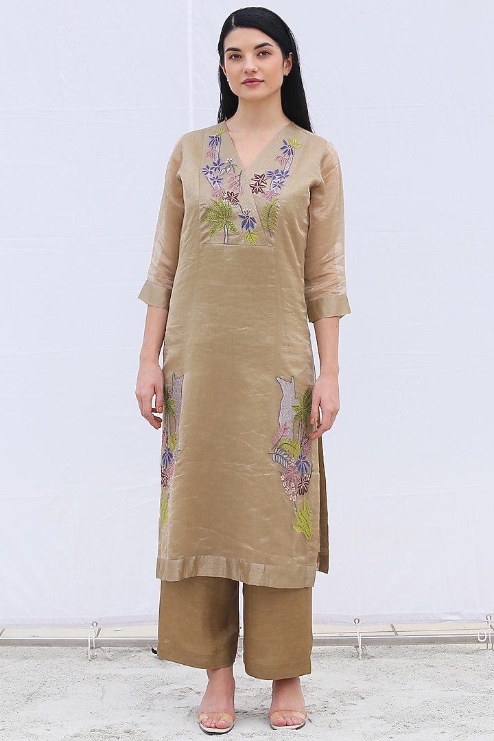 Pale Brown Handloom Tissue Silk Kurta Set by OJA at Pernia's Pop Up Shop
