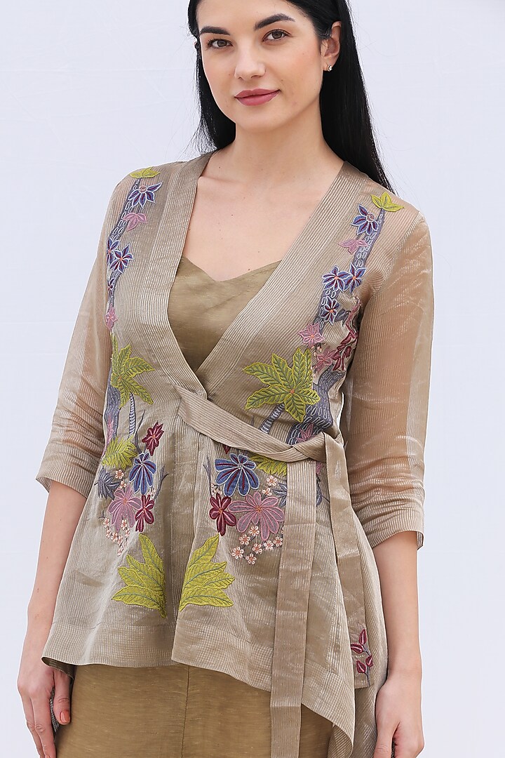 Pale Brown Handloom Tissue Silk Short Jacket Set by OJA at Pernia's Pop Up Shop
