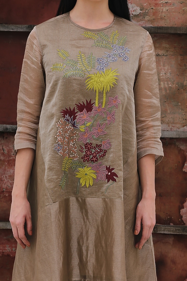 Pale Brown Handloom Tissue Silk A-Line Kurta Set by OJA at Pernia's Pop Up Shop