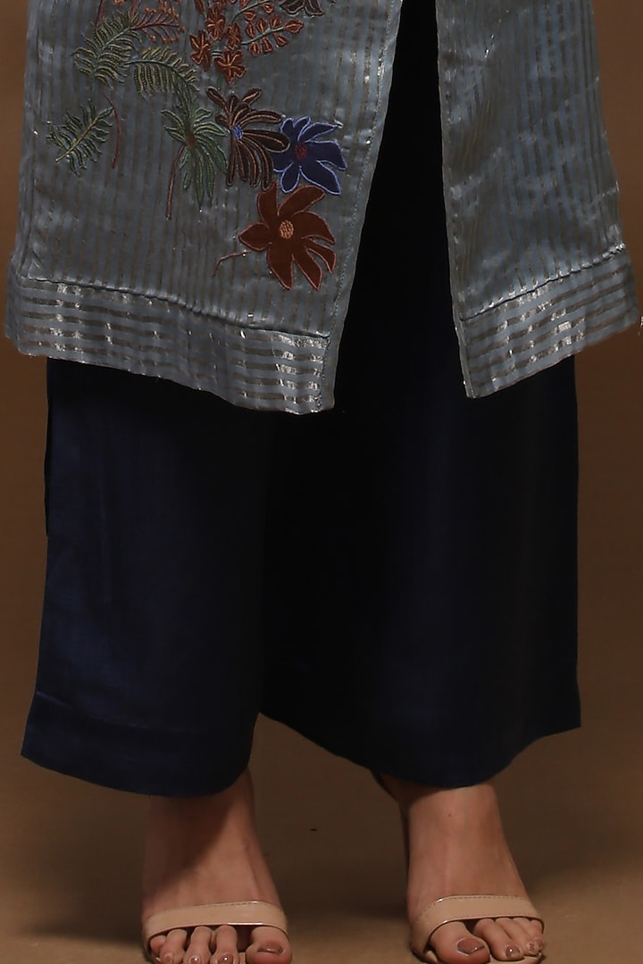 Greyish Blue Handloom Tissue Silk Long Jacket Set by OJA at Pernia's Pop Up Shop