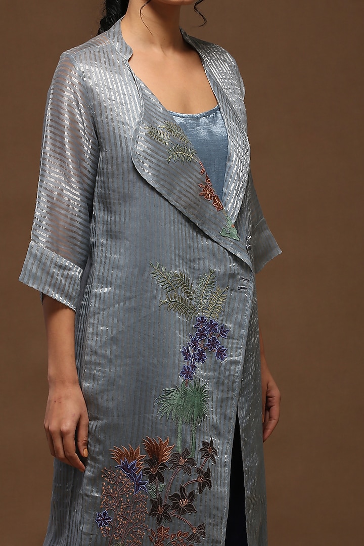 Greyish Blue Handloom Tissue Silk Long Jacket Set by OJA at Pernia's Pop Up Shop